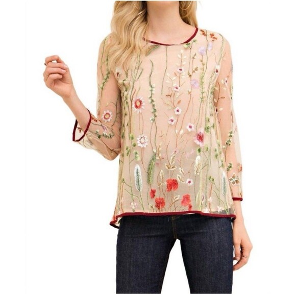 Entro Women’s Always In Bloom Floral Embroidered Top Sz S Fairy Cottagecore - Picture 1 of 9